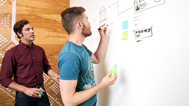 Two guys discussing workplan on a whiteboard